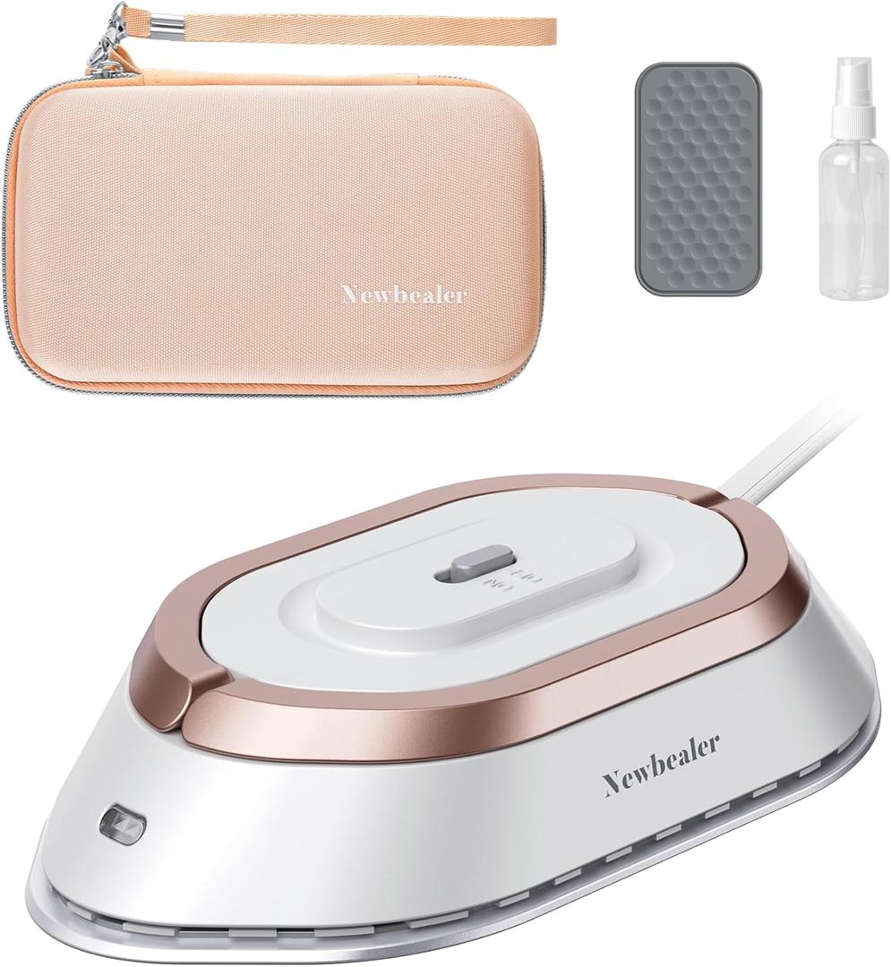 Newbealer Travel Iron with Global Voltage, 100-240V Mini Dry Iron for Clothes (No Steam), Max 300W, 60s Heat Up, 302 Non-Stick Ceramic Soleplate, 0.8lbs (Gold with Hard Case)