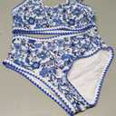 Herseas Women's Bikini Sets Floral Print Whip Stitch 2 Piece Swimsuits High Waisted Scoop Bathing Suits (Large, Blue)