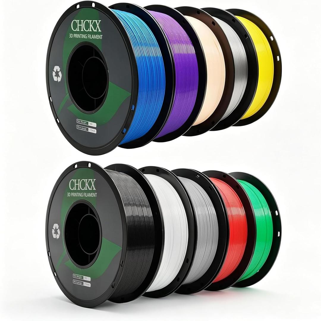 PETG 3D Printer Filament Bundle, 10Rolls,Dimensional Accuracy +/- 0.03 mm, 1kg Spool(2.2lbs), 1.75 mm Fit for Most 3D Printers,Black+White+Grey+Red+Green+Blue+Purple+Skin+Silver+Yellow