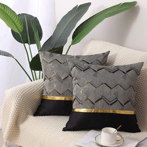 Coeufuedy Decorative Throw Pillow Covers 18x18 Inch Black Gold Leather Striped Patchwork Jacquard Cushion Case Luxury Modern Square Cushion Cover for Sofa Couch Living Room Bedroom, Set of 2
