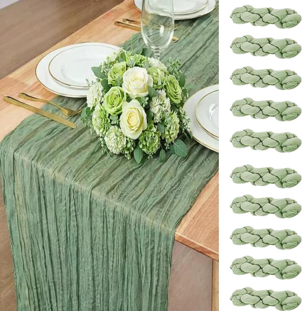 10 Pack Sage Green Spring Cheesecloth Table Runner, 120 Inch Boho Gauze Table Runners, Rustic Sheer Cheese Cloth Table Runners for Wedding, Baby Shower, Birthday Party, Home Decor