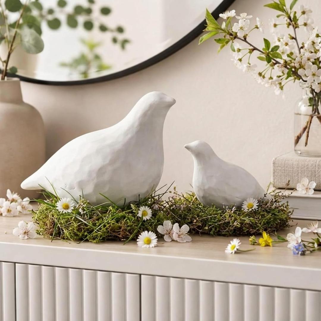 AceOrbit Set of 2 Large Bird Decor Big White Terracotta Bird Statue Figurine 11.8'' 6.7'' Birds Sculpture for Home Decor Boho Decorative Ornaments Gifts for Spring Bedroom Cabinets Table Desktop Shelf