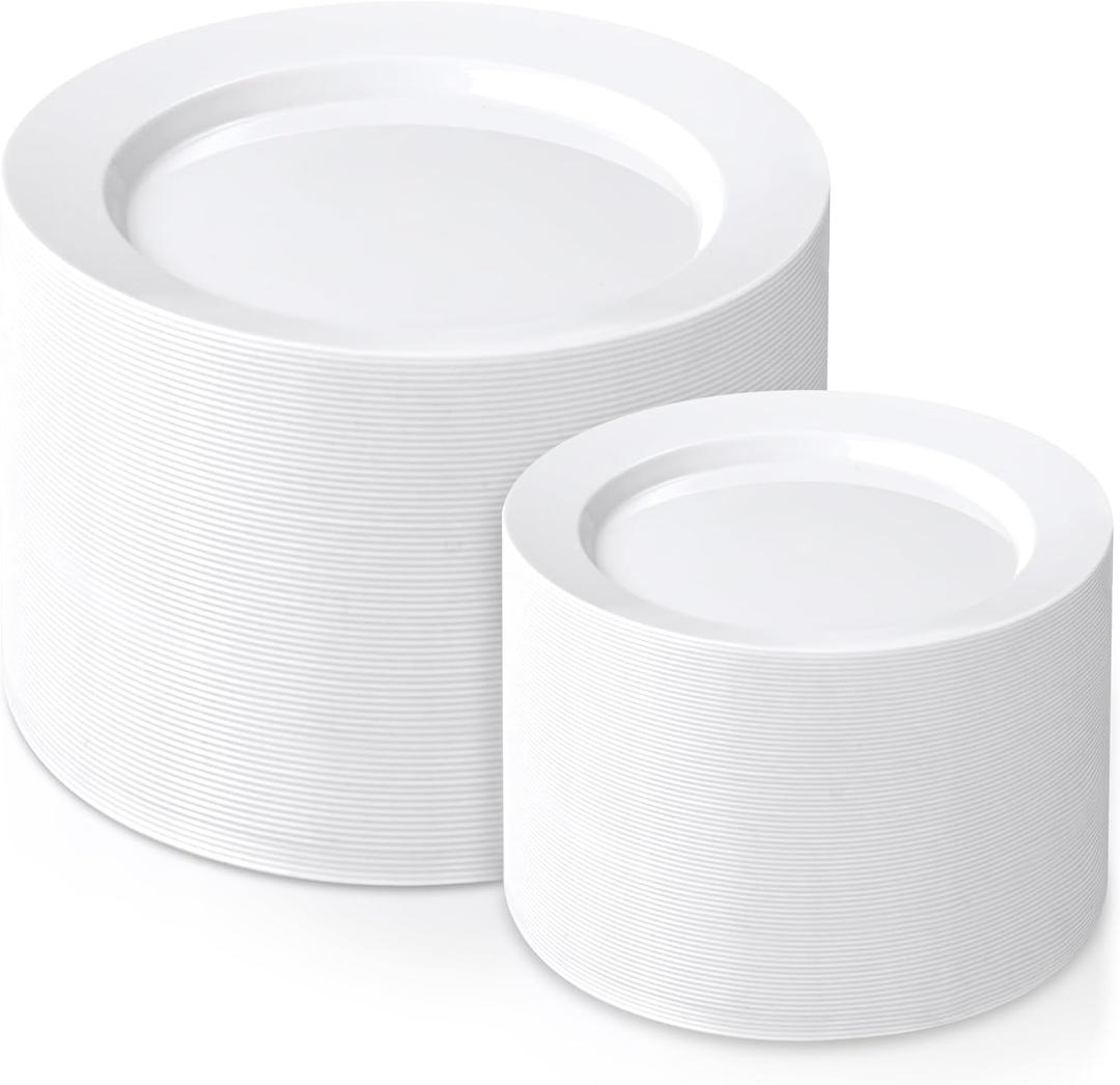 FLOWERCAT 200PCS White Plastic Plates Disposable Plates for Party - Heavy Duty Plastic Plates - 100 10" Dinner Plates and 100 7" Salad Plates for Wedding & New Year Parties and Events
