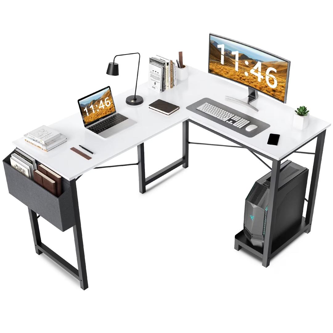 CONCETTA 49 Inch Modern L Shaped Computer Desk with Lower Storage Shelf & Side Bag, Two-Way Convertible Corner Gaming Table for Home Office, White