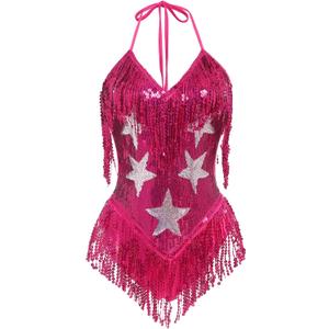 Women Music Festival Rave Fringe Trim Sleeveless Sequins Tassel Bodysuit Country Concert Nightclub Halloween Costume (Large, #Rose Red)