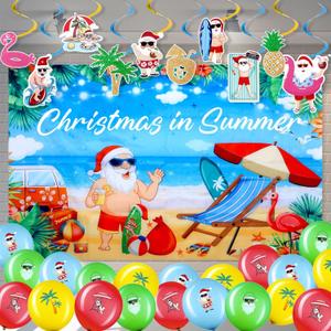 Newwiee 31 Pcs Summer Christmas Party Decorations Include Hawaiian Christmas Backdrop 20 Summer Christmas Balloons 10 Hanging Swirls for Party Supplies
