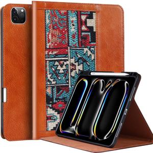 Case for iPad Pro 11 Inch 2025 M5 / 2024 M4，Genuine Leather & Retro Fabrics Folio Cover with Multi-Angle Stand, Auto Wake/Sleep, Military-Grade Protection & Pencil Holder,Fabrics Brown