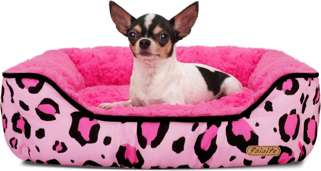 Rectangle Washable Dog Bed– Soft Calming Puppy Beds, Durable Warm Pet Sofa with Non-Slip Bottom for Indoor Use.Pink S Size (18.9"x18.9"x6.3")