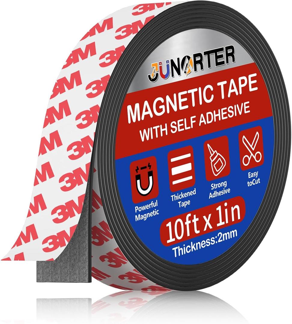 Junarter Magnetic Tape Roll, Magnet Strips, 1 Roll (10 Feet x1 in) Adhesive Magnetic Tape Strips with Adhesive Backing, Flexible Magnetic Strips, Sticky Magnet Tape for Fridge, DIY (0.08" Thick)