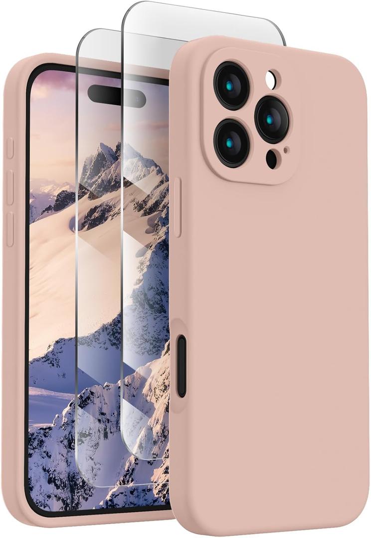 FireNova Designed for iPhone 16 Pro Case, Silicone Upgraded [Camera Protection] Phone Case with [2 Screen Protectors], Soft Anti-Scratch Microfiber Lining Inside, 2024, Pinksand