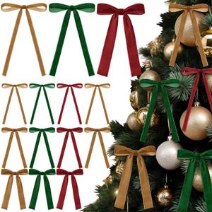2 x 48 Pcs Velvet Christmas Wreath Bow Bulk Christma Velvet Bow Vintage Ribbon Bows Xmas Tree Bows for Christmas Autumn Garland Wedding Decoration 3 Size Width of 3/8'' 5/8'' 1'' (Classic Color)