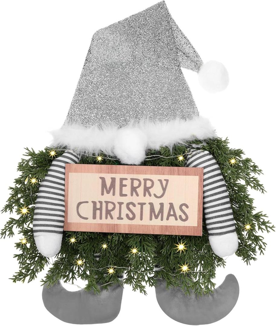 Christmas Lighted Wreath Gnome Xmas Gnome Door Wreath Artificial Santa Xmas Hanging Sign for Door Window Wall Decorations Farmhouse Christmas Home Decor(Silver)