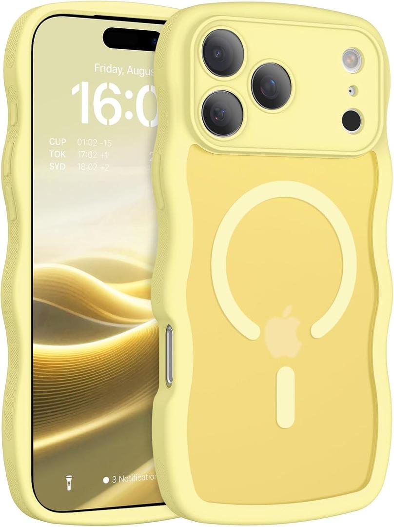 BENTOBEN Magnetic for iPhone 17 Pro Max Case, Cute Wavy [Full Camera Protection][Compatible with MagSafe] Matte Anti-Slip Bumper Women Men Boys Protective Cover for 17 ProMax 6.9", Yellow