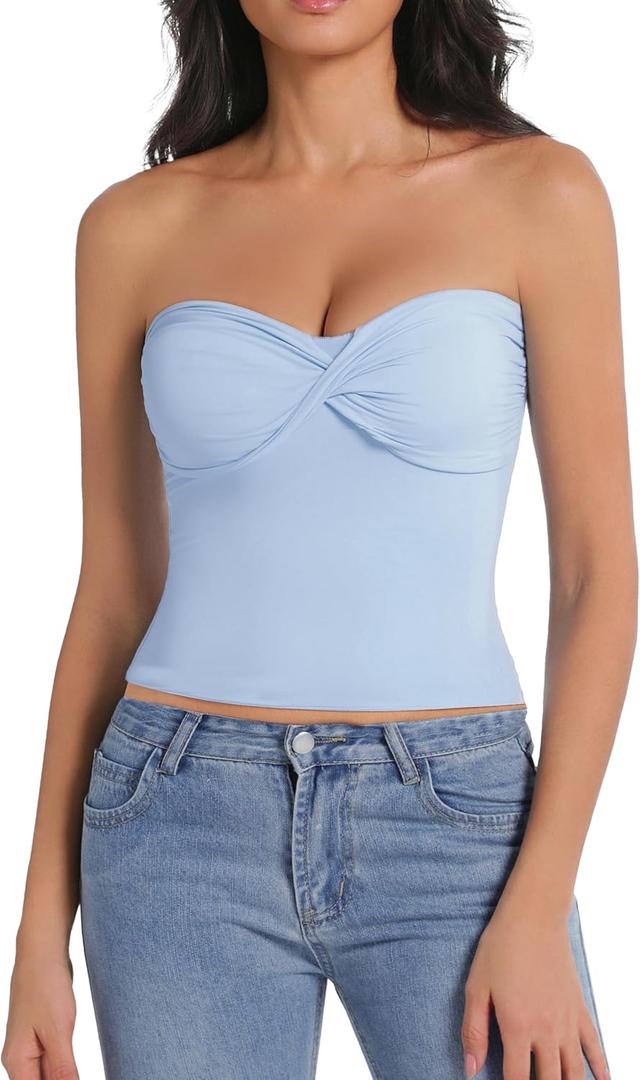 Tube Tops for Women Twist Knot Summer Going Out Crop Tops Backless Strapless Bandeau Tops Y2K Basic (Blue, L)