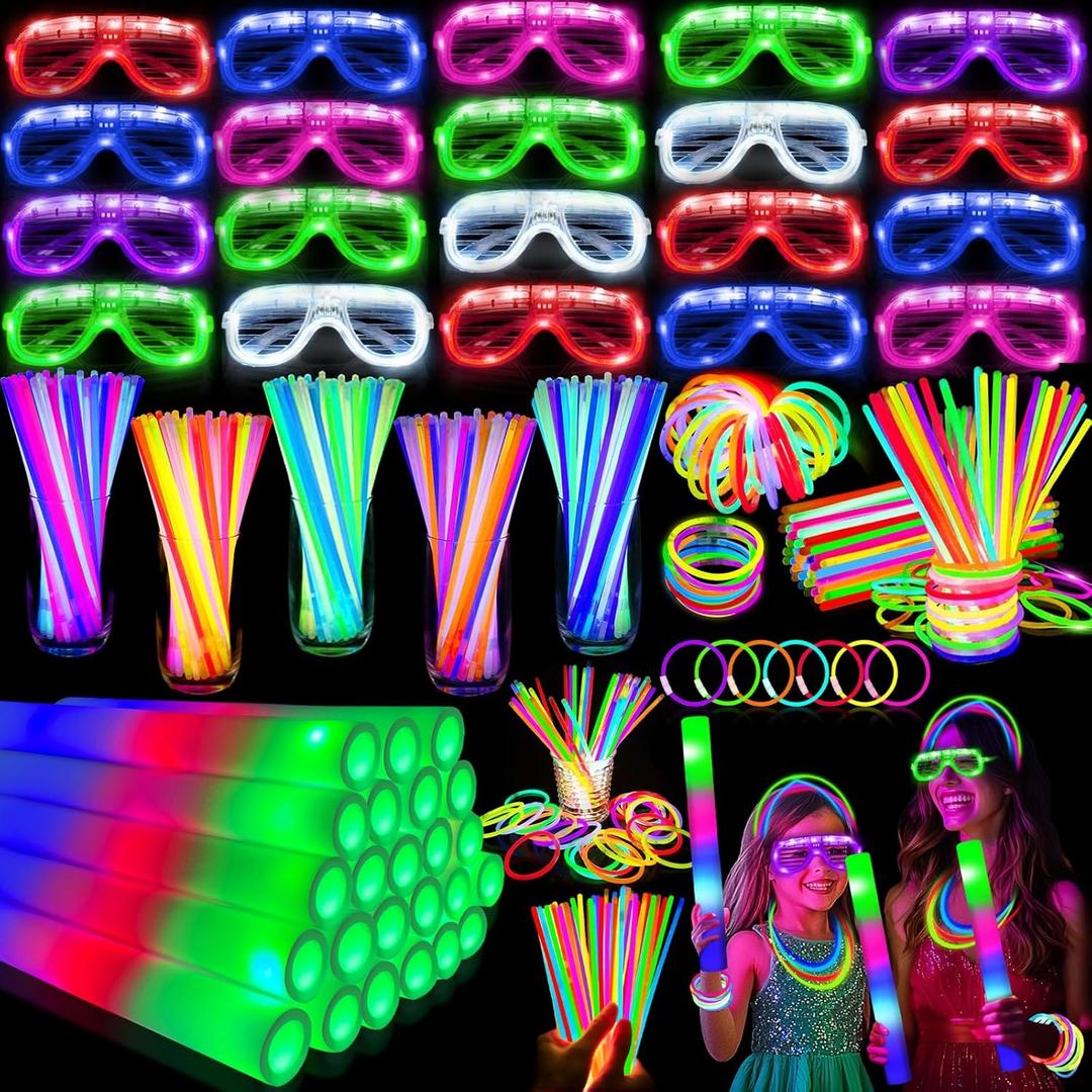 AMENON 288 PCS Glow Party Supplies Light Up Party Favors with 24 Foam Glow Sticks, 24 LED Glasses and 240 Glow Sticks Bracelets for Glow Party, Wedding, Birthday Pool Patriotic Graduation