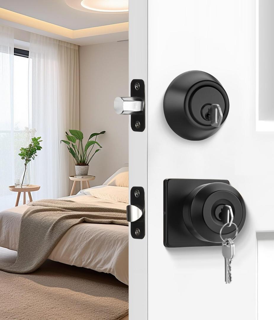 Haidms Entry Black Door Knob and Deadbolt Combo Set, Keyed Alike - Matte Black Door Knob with Lock and Keys for Front Door, Exterior, Front Door Lock Set -Single Cylinder