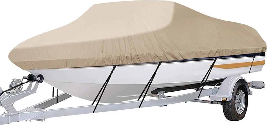 iCOVER Trailerable Boat Cover- 16'-18.5' Heavy Duty Waterproof Tarp Covers with Storage Bag, Fits V-Hull, Fish&Ski, Pro-Style, Fishing, Runabout, Bass Boats, up to 16ft-18.5ft Long X 94" Wide (Sand)