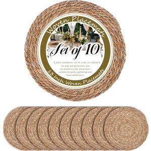 GENMOUS Woven Placemats Set of 10, 13" Round Placemats Natural Water Hyacinth Boho Placemats, Farmhouse Rattan Chargers for Dinner Plates, Rustic Braided Wicker Table Mats for Thanksgiving, Home, Wedding