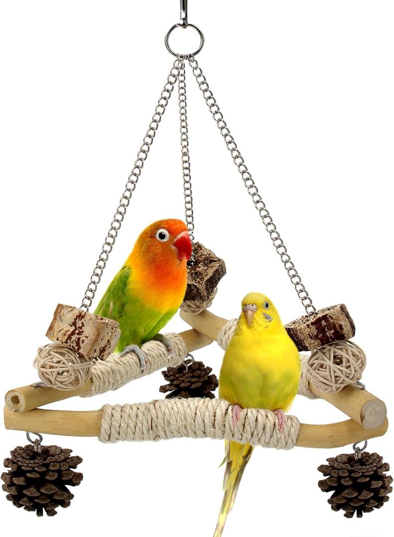 Bird Swing for Cage with Chew Toys, 3 Sisal-Wrapped Parrot Perches & Stable Triangle Design, Wooden Hanging Parakeet Toys Swing for Cockatiel Lovebirds Conures Quaker Balance Training (S)