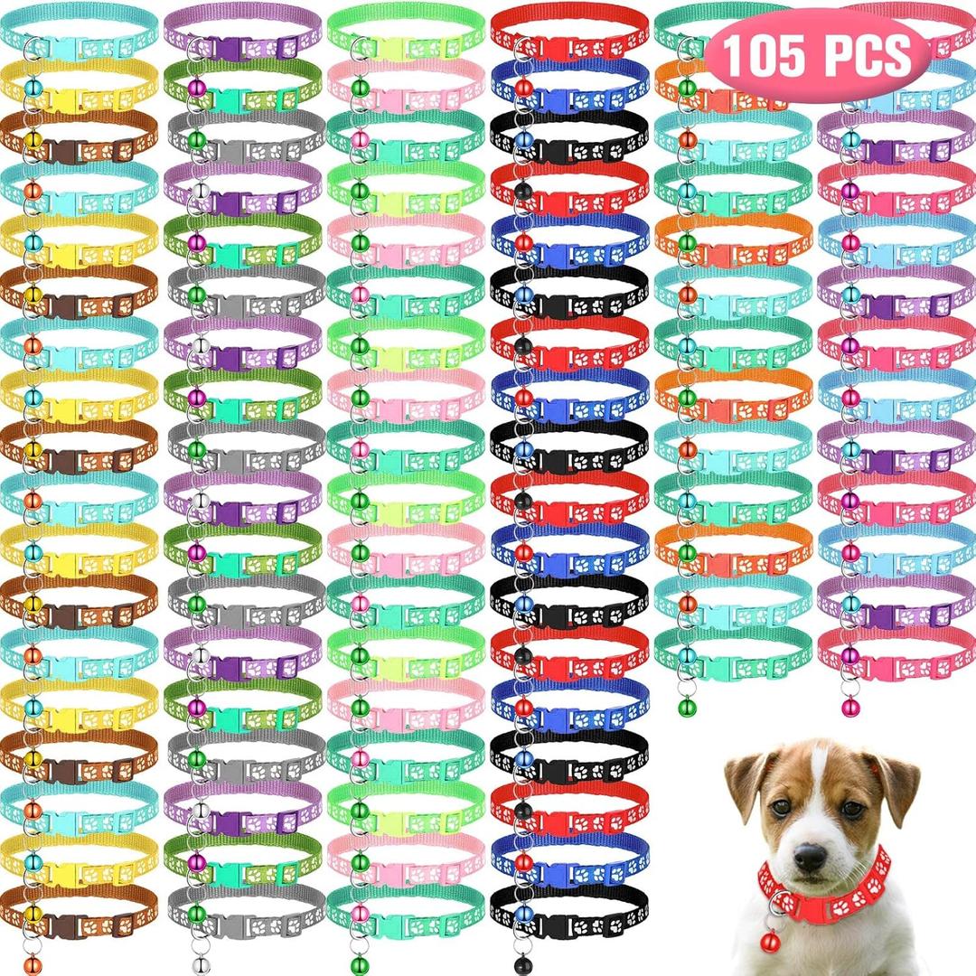 105 Pcs Puppy Collars with Bells Buckle Cat Whelping Collars 7.5-12.6 Inch Adjustable Pet Kitten Litter ID Breakaway for Newborn Pets Small Dogs, Mixed Colors