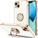 Hython for iPhone 13 Case with Ring Stand [360Rotatable Ring Holder Magnetic Kickstand] [Plated Rose Gold Edge] Slim Soft TPU Cover Luxury Protective Phone Case for Women Men, White