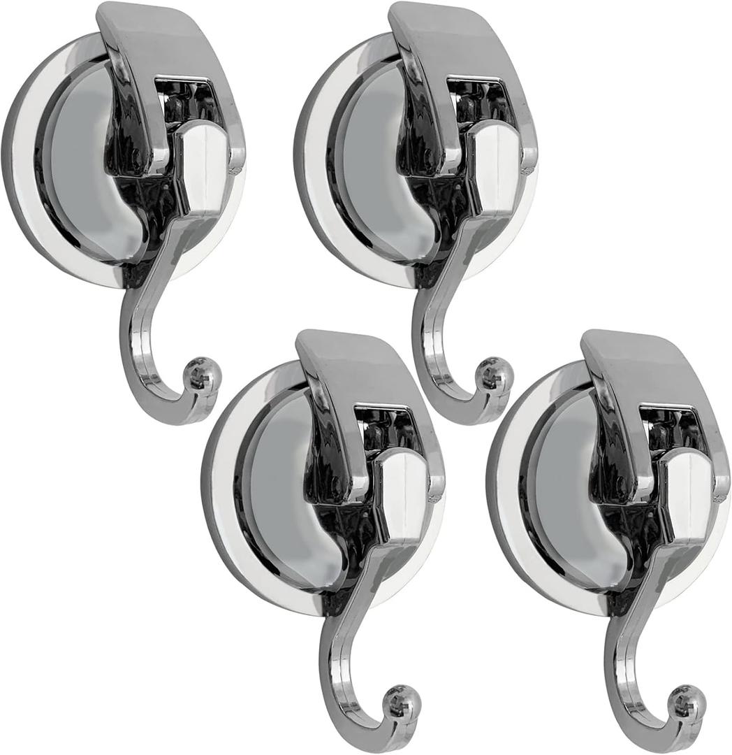 Suction Cup Hooks - Heavy Duty Glass, Reusable, No Hole Punched, for Bathroom Robe & Garland (Silver, 4 Pack)
