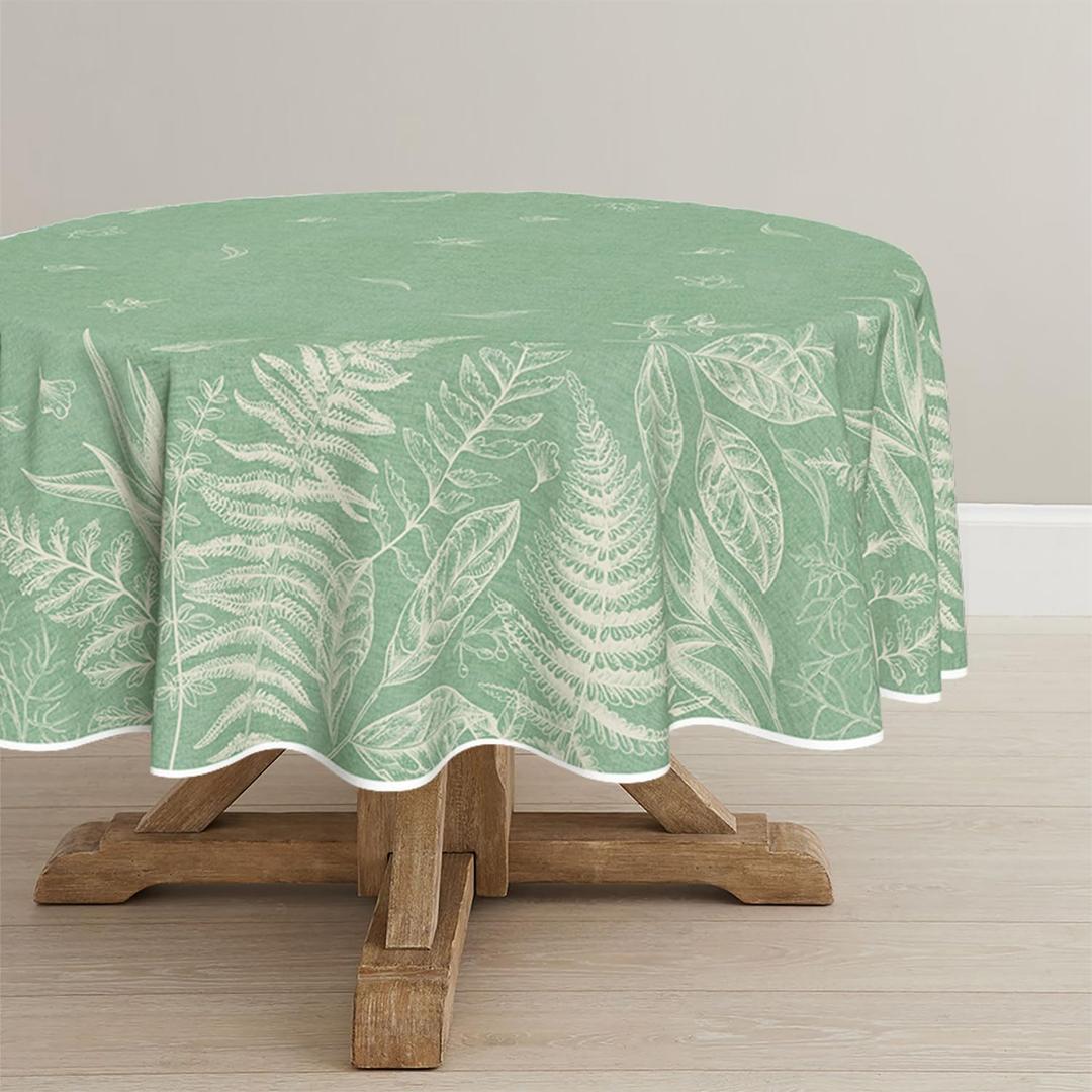 Horaldaily Spring Tablecloth 9090 Inch Round, White Ferns Sage Washable Seasonal Table Cover for Party Picnic Dinner Decor (Beige)