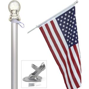 American flag and pole kit set: Includes a 3x5 ft US flag made in USA, 6 ft aluminum tangle free spinning flag pole with carabiners, and flagpole holder wall mount bracket (Silver)