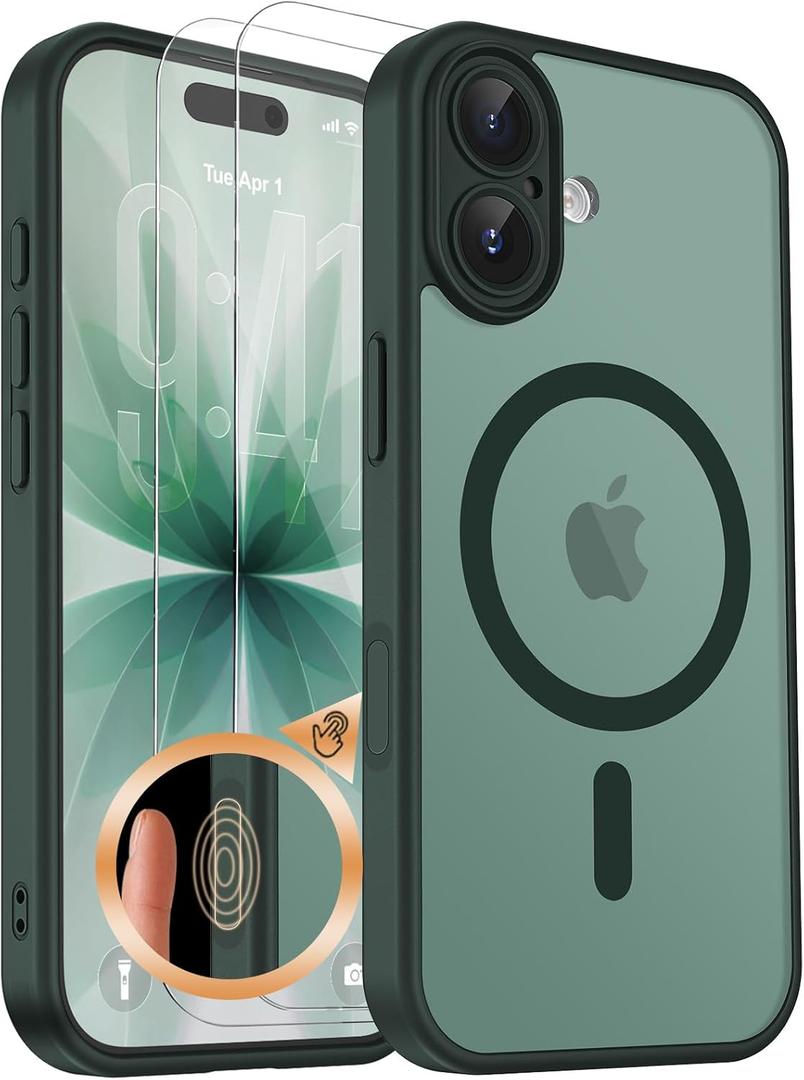 Magnetic for iPhone 17 Case with Camera Control Button, Includes 2 Tempered Glass Screen Protectors, MagSafe Compatible Translucent Matte Phone Case for iPhone 17, Forest Green