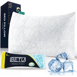 BETU Cooling Pillow Queen Size, Shredded Memory Foam Cool Pillow for Hot Sleepers, Adjustable Firm Soft Support Bed Pillows Perfect for Back Neck Pain and Side Sleeping with Pillow Case Cover, White (Queen, 1 Count)