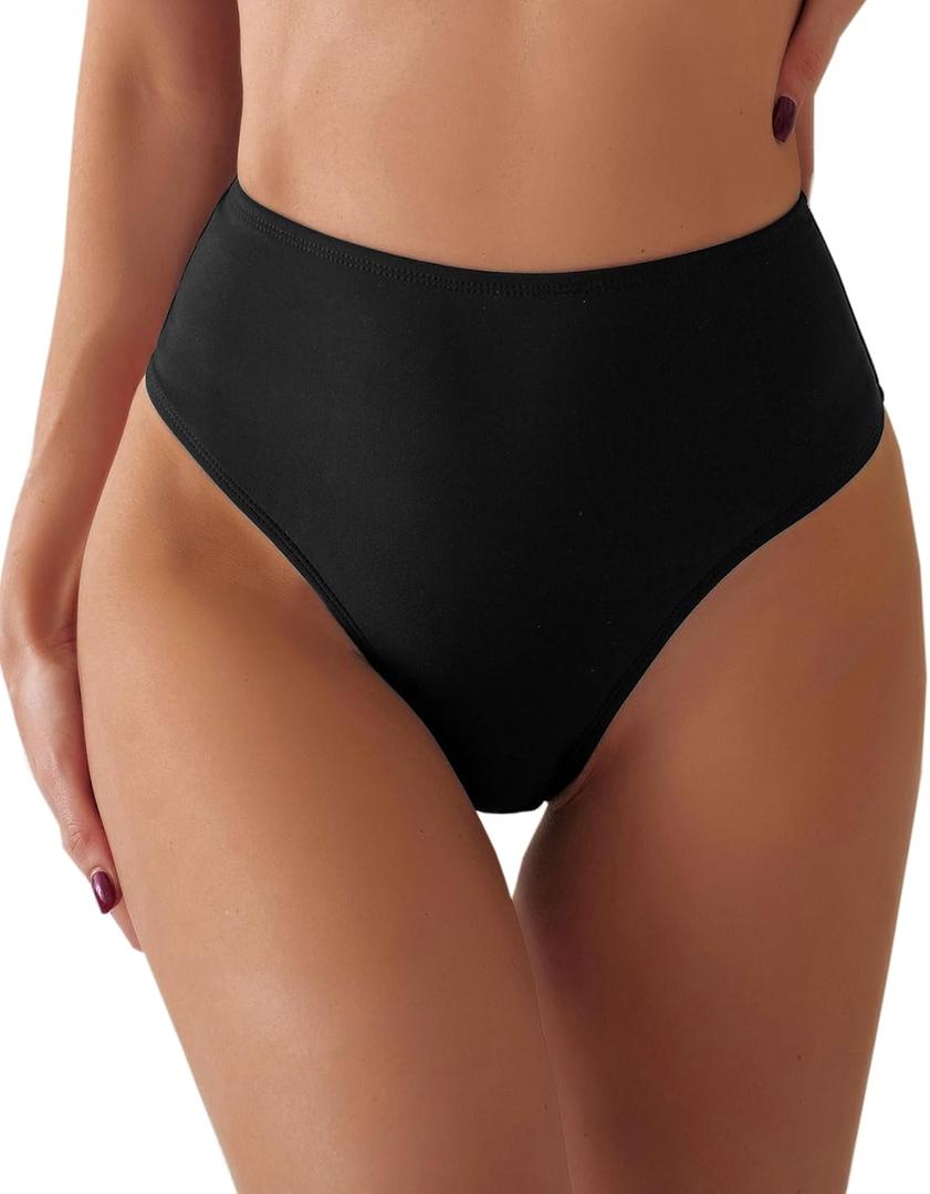 Women's Sexy High Waisted Ruched Back Cheeky Thong Bikini Swimsuit Bathing Suit Bottoms (XX-Large, Black)
