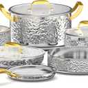 Hammered Stainless Steel Pots and Pans Set 10-Piece, Non-Toxic, Dishwasher Safe, Kitchen Cookware with Triple-Layer Clad Design for Even Heat & Durability