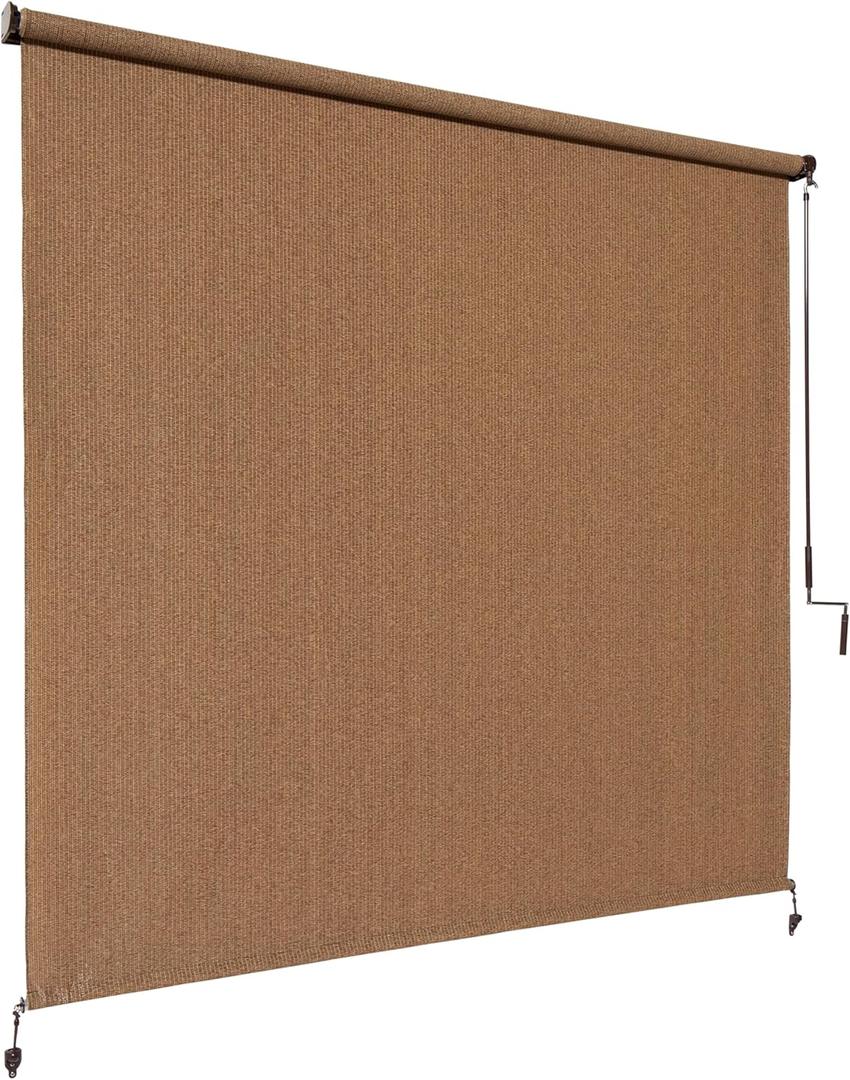 Coolaroo Outdoor Roller Shade with Wand - 95% UV Block Breathable Light Filtering Shade for Patio or Porch, Fade-Resistant, Mold-Resistant Easy-Clean Fabric, 8ft x 8ft, Walnut