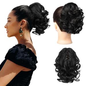 REECHO Ponytail Extension, 9" Short Curly Wavy Claw Clip Pony tails Hair Extensions HP001 Hairpieces for Women - Black
