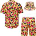 Mens Hawaiian Shirts and Shorts Set 2 Pieces Beach Outfits Summer Vacation Tropical Suit with Bucket Hats (Yellow, XS)
