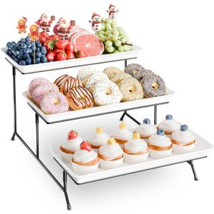 3-Tier Melamine Serving Tray Set, 14"x7" Platters for Serving Food, White Reusable Trays with Black Metal Display Stand for Cupcakes, Sevring Food, Dessert, Fruit, Cookie, Black