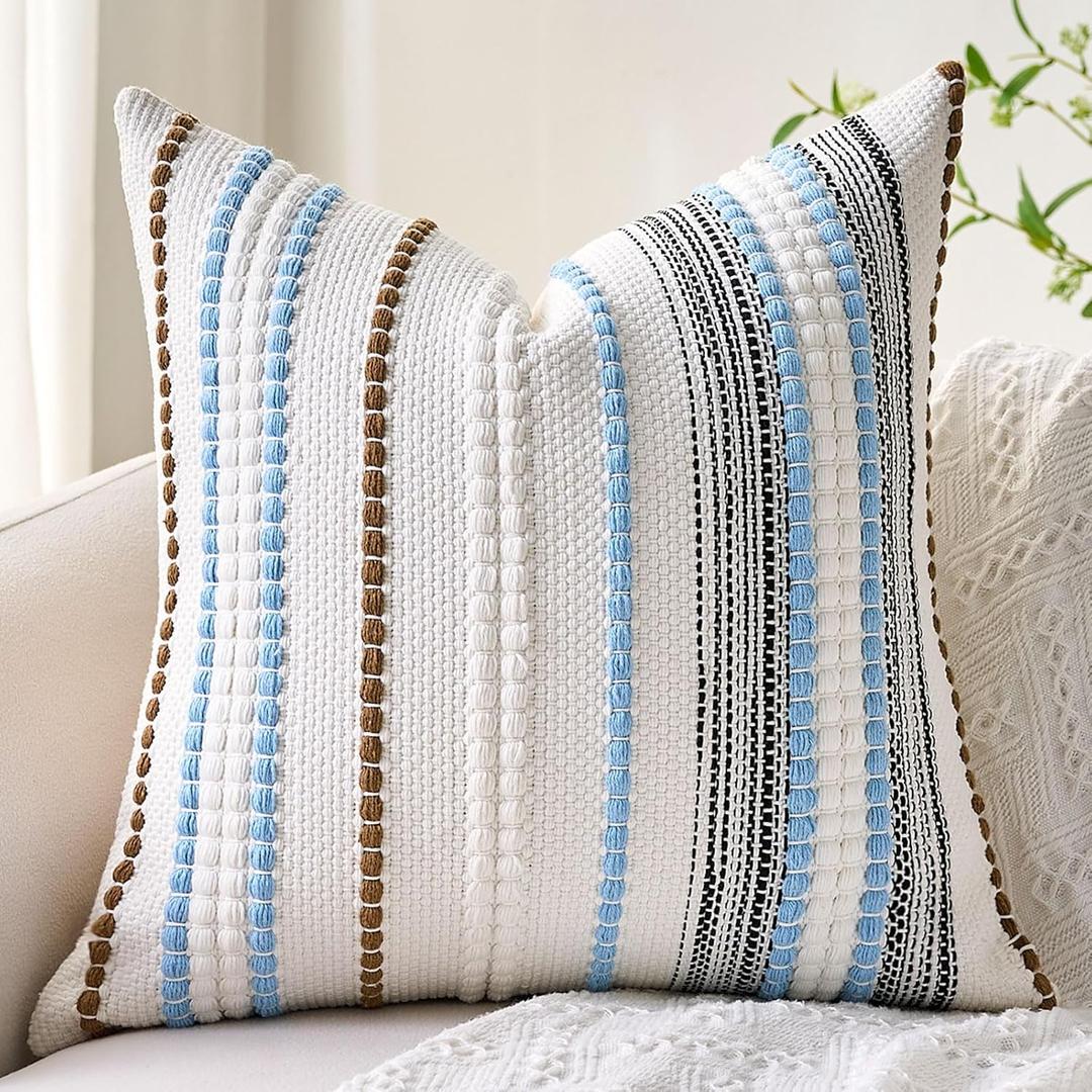 Coastal Blue Boho Throw Pillow Covers 18x18 Inch Farmhouse Decorative Striped Cushion Cases Accent Pillows Square Rustic Textured Woven Neutral Pillowcase for Sofa Couch Bed Living Room,Pack of 1