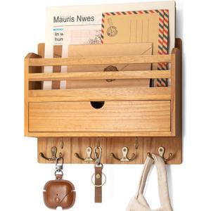 Rebee Vision Modern Farmhouse Mail Organizer with Drawer Organizer - Rustic Key and Mail Holder for Wall with 7 Key Hooks for Apartment Essentials - Aesthetic Home Decor (Light Brown)