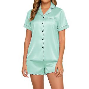 HALCYEEN Women's Satin Short Sleeve Pajama Set Notched Collar Button Down Top and Shorts Comfortable Loungewear(Mint green,XL) (XL)
