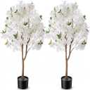 Giegxin 2 Pcs Artificial Cherry Blossom Tree 3.9 FT Fake Faux Sakura Flowers Potted Plant Indoor with Plastic Nursery Pot for Home Porch Bedroom House Entryway Office Outdoor (White)
