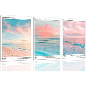 HNNXAR Pastel Coastal Canvas Wall Art Set Of 3 Colorful Beach Surf Poster Picture Prints Modern Preppy Aesthetic Ocean Painting College Room Decor For Dorm Apartment Girl Room Bedroom 16x24 Framed
