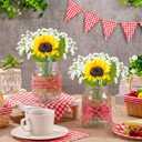 Daifunli 6 Set Picnic Party Centerpieces for Table Mason Jar Table Decor with Artificial Flowers Red Gingham Ribbon for Picnic Birthday Party BBQ Baby Shower Wedding(6,Sunflower & Baby's Breath)