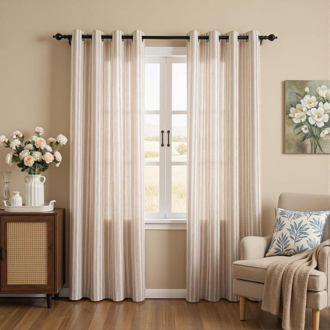 MYSKY HOME Taupe Striped Curtains 96 Inches Long Farmhouse Linen Light Filtering Curtains for Living Room Tan Ticking Stripe Pinstripe Cottage Core Country Drapes, Grommet, 2 Panels, 52" Wide