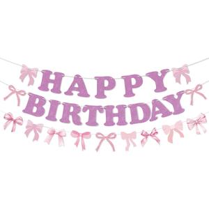 2 x Bow Happy Birthday Banner Bow Garland Pink Bow Coquette Decor for Bachelorette Party Decorations Girls Women Baby Shower Birthday Party Supplies