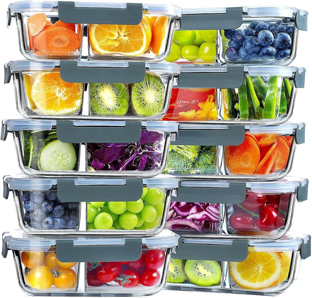 VERONES 10 Pack Glass Meal Prep Containers 2 Compartment Set, 30 OZ Airtight Glass Lunch Containers, Glass Food Storage Containers with Lids, for Microwave, Oven, Freezer & Dishwasher FriendlyGrey (Gray)