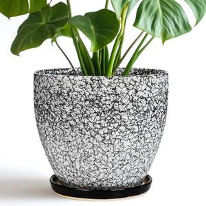 Ceraimc Plant Pot - 8 Inch Planter with Drainage and Saucer, Modern Round Planter, Flower Pot for Indoor Outdoor Plants, Home Room Garden Apartment Decor, Gifts for Plant Lovers, White-Black (Black-wood Crack)
