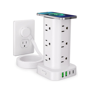 Power Strip Tower with Wireless Charger, Flat Plug Surge Protector Tower with 6FT Extension Cord, 12 AC Multiple Outlets, 4 USB (2 USB C),15W Wireless Charging Power Tower for Home Office Dorm, White 