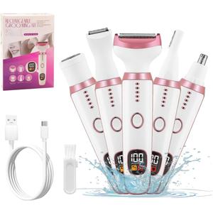 Electric Razors for Women, 5 in 1 Painless Ladies Wet & Dry Body Razors and Facial Hair Remover, Rechargeble Facial and Body Hair Remover for Face Nose Eyebrow Arms Armpit Legs Pubic AreaWhite