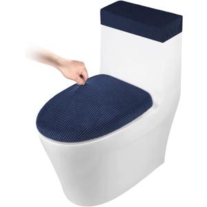 Toilet Lid Cover and Toilet Tank Cover Stretch Toilet Covers Set for Bathroom, Polyester Spandex Jacquard Fabric, Machine Washable, with Elastic Bottom, Navy Blue