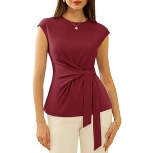 GRACE KARIN Womens Cap Sleeve Tops 2025 Summer Tie Waist Crew Neck Elegant Blouse Dressy Casual Work Business Shirts, 2XL